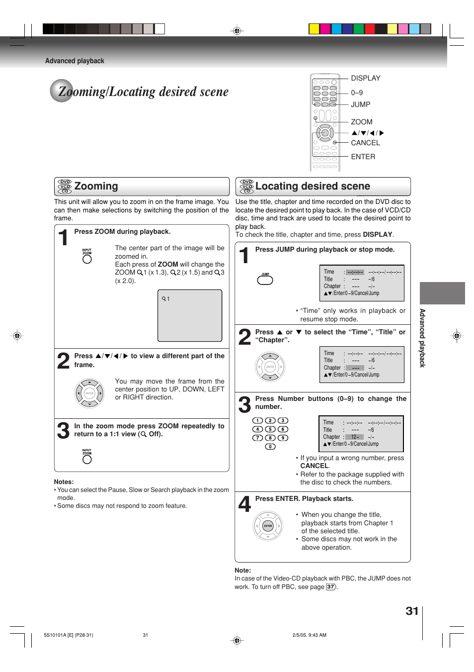 Zooming/locating desired scene, Zooming, Locating desired scene | Toshiba MD24F51 User Manual | Page 31 / 56