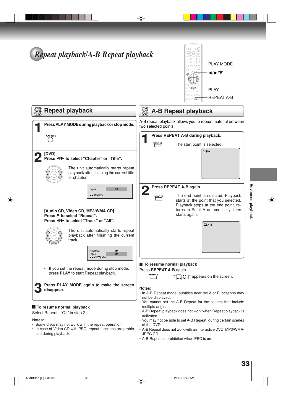 Repeat playback/a-b repeat playback, Repeat playback a-b repeat playback | Toshiba MD24F51 User Manual | Page 33 / 56