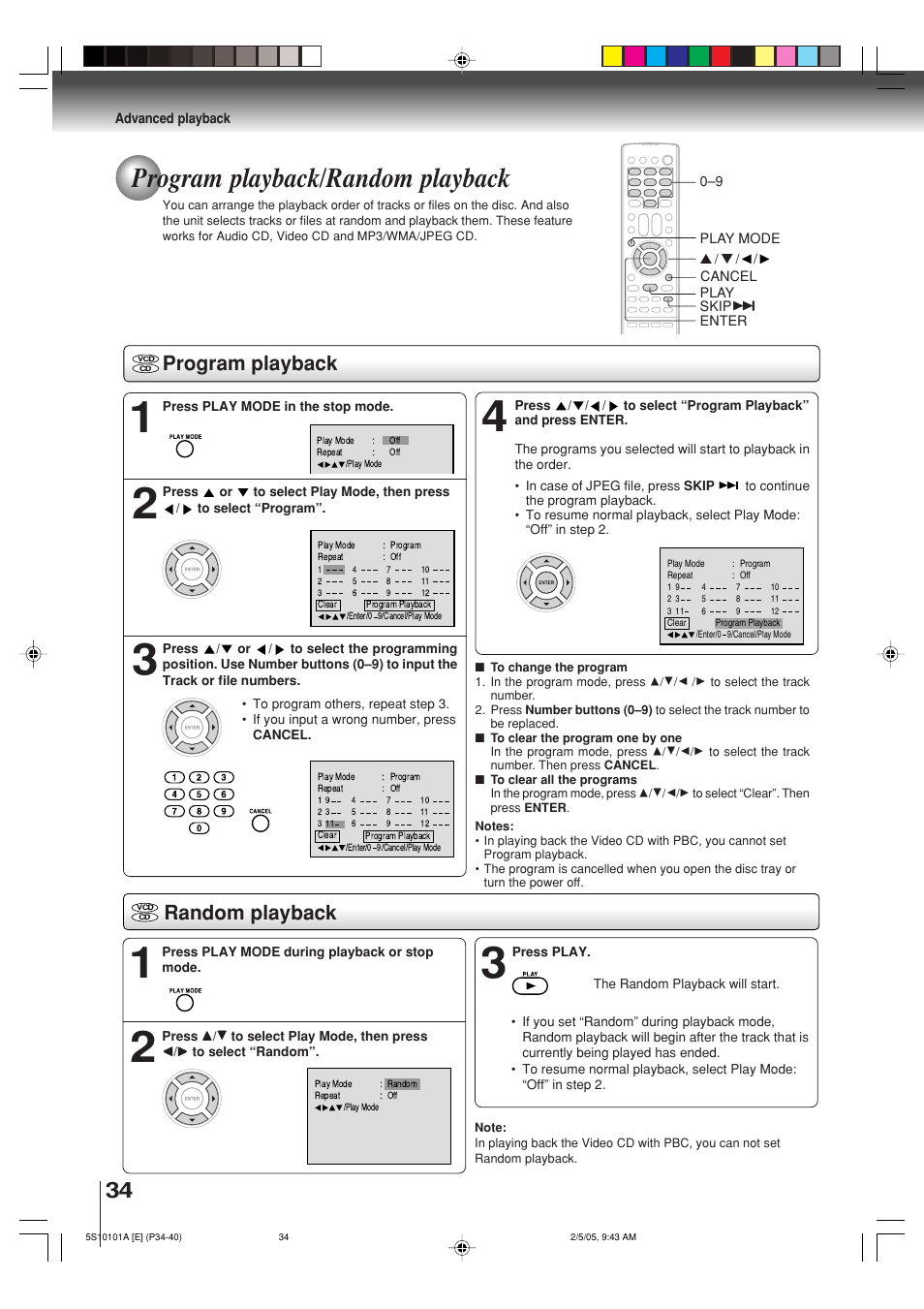 Program playback/random playback, Program playback, Random playback | Toshiba MD24F51 User Manual | Page 34 / 56