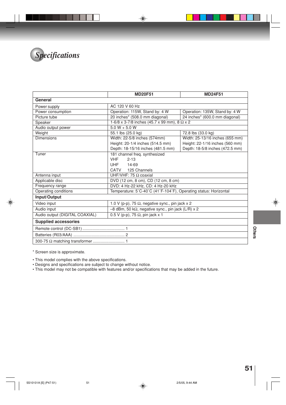 Specifications | Toshiba MD24F51 User Manual | Page 51 / 56