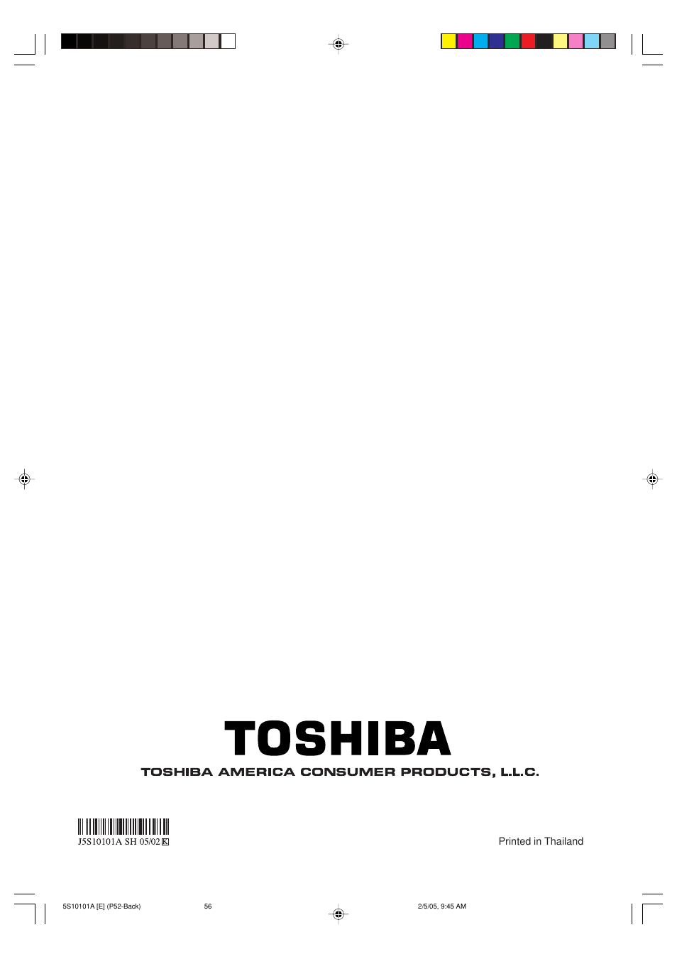 Printed in thailand | Toshiba MD24F51 User Manual | Page 56 / 56