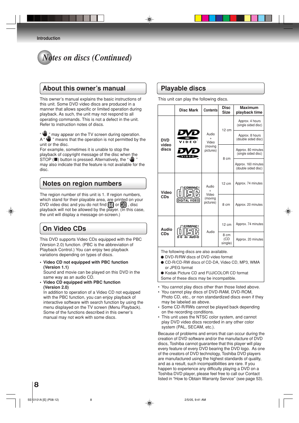Playable discs, About this owner’s manual, On video cds | Toshiba MD24F51 User Manual | Page 8 / 56