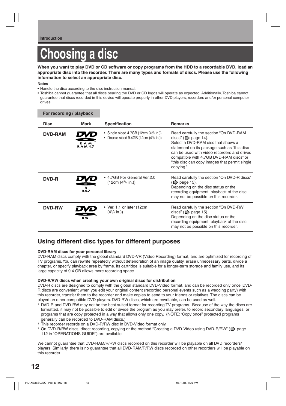 Choosing a disc, Using different disc types for different purposes | Toshiba RD-XS35SC User Manual | Page 12 / 56