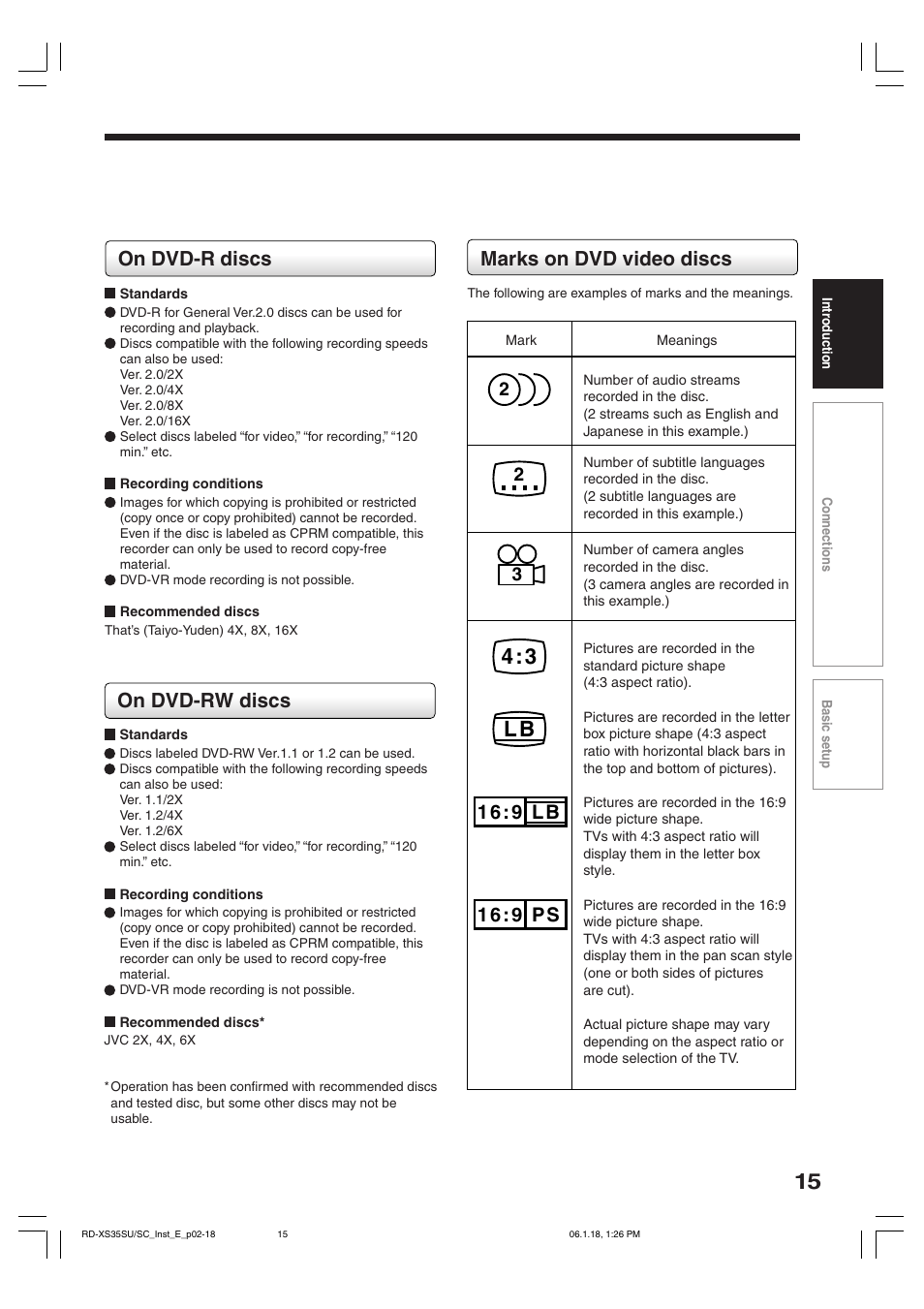 4 : 3 l b, On dvd-r discs, Marks on dvd video discs | On dvd-rw discs | Toshiba RD-XS35SC User Manual | Page 15 / 56