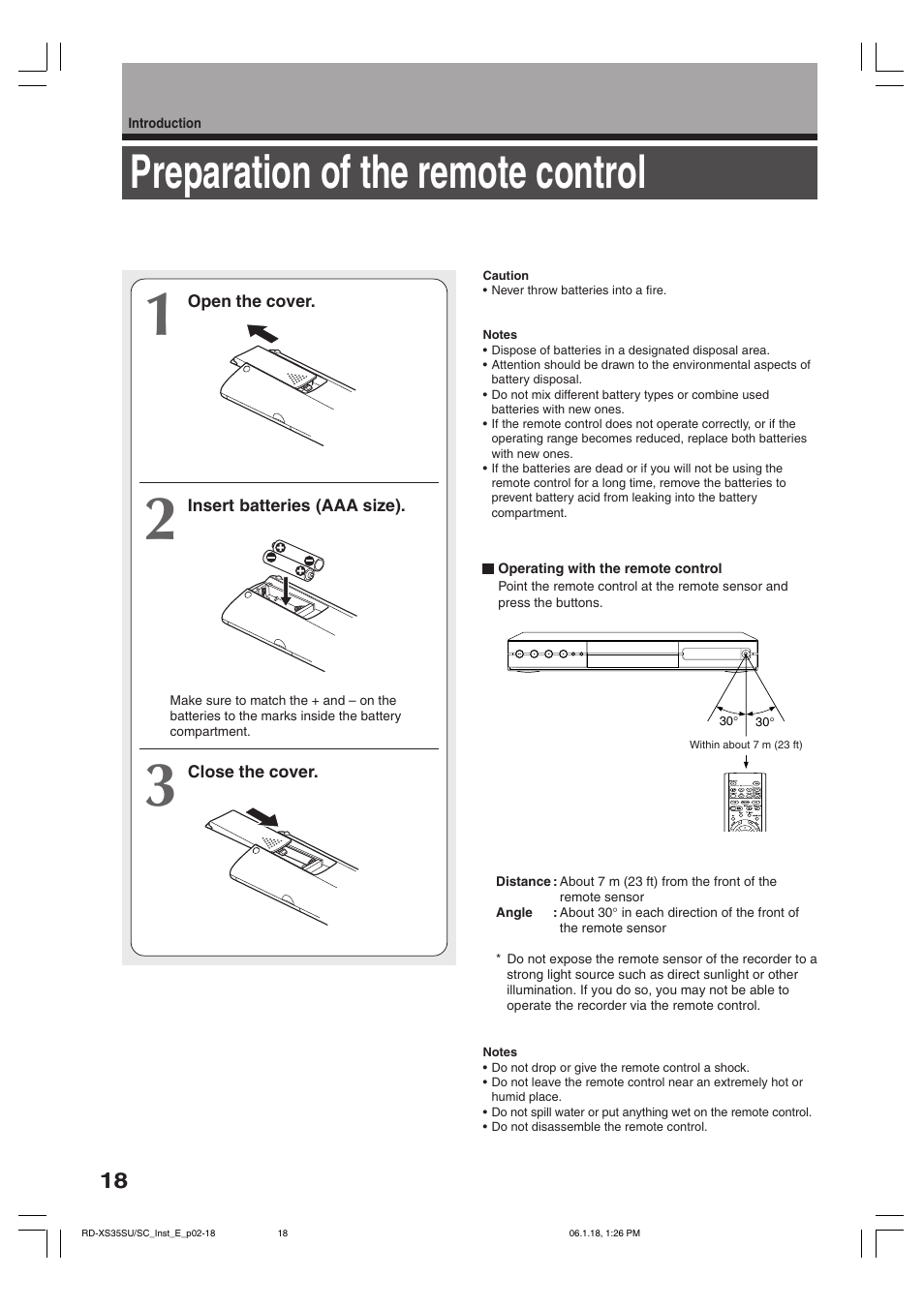 Preparation of the remote control | Toshiba RD-XS35SC User Manual | Page 18 / 56