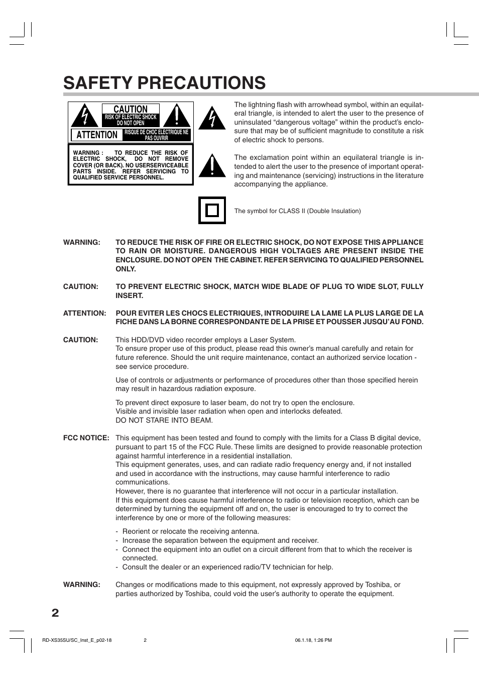 Safety precautions, Attention, Caution | Toshiba RD-XS35SC User Manual | Page 2 / 56