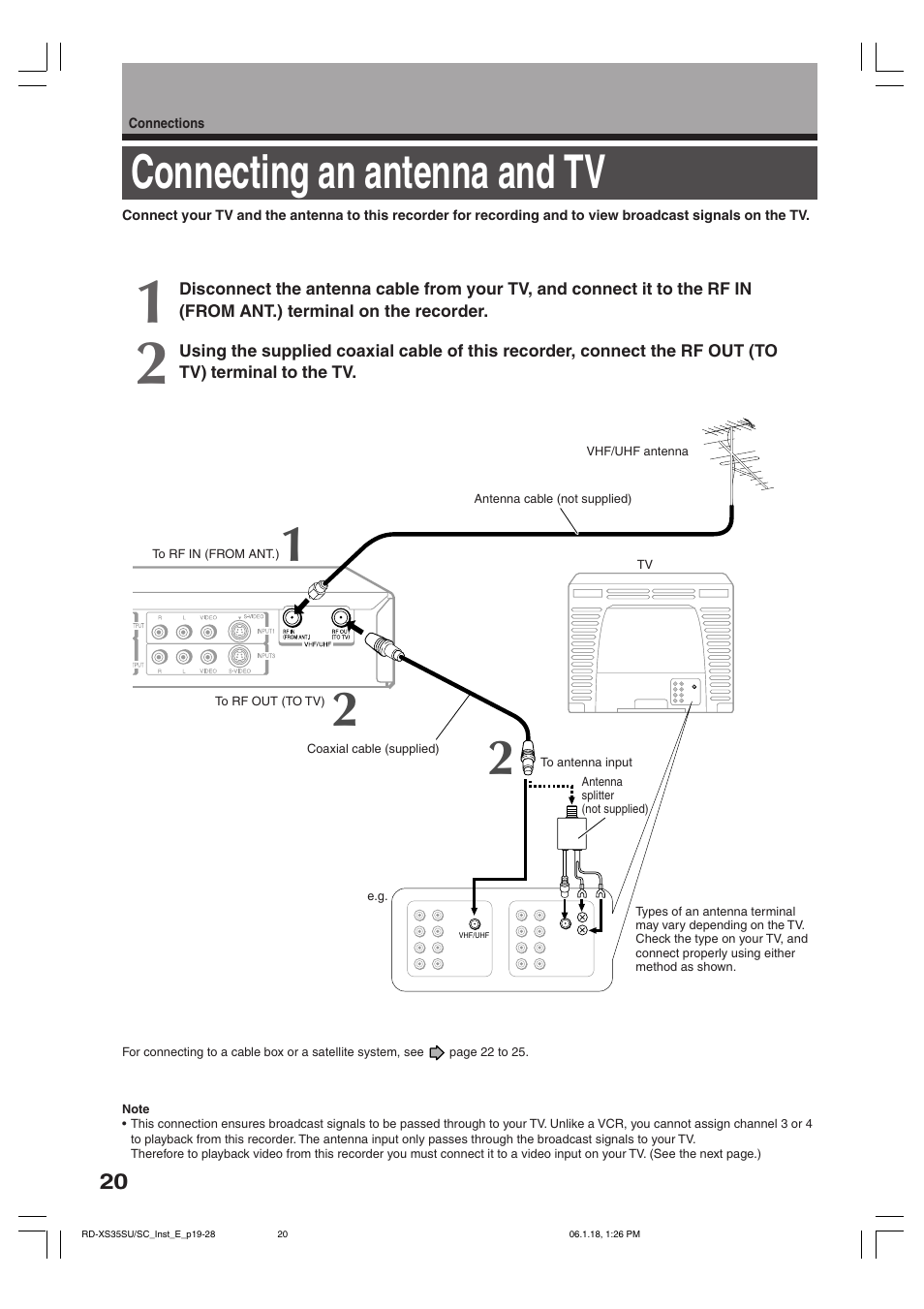 Connecting an antenna and tv | Toshiba RD-XS35SC User Manual | Page 20 / 56