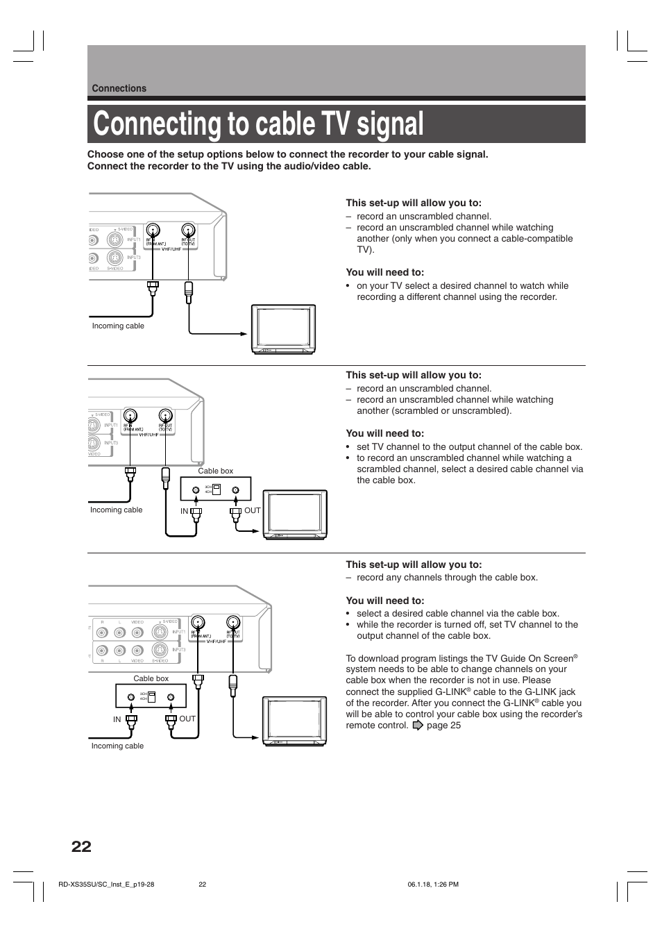 Connecting to cable tv signal | Toshiba RD-XS35SC User Manual | Page 22 / 56