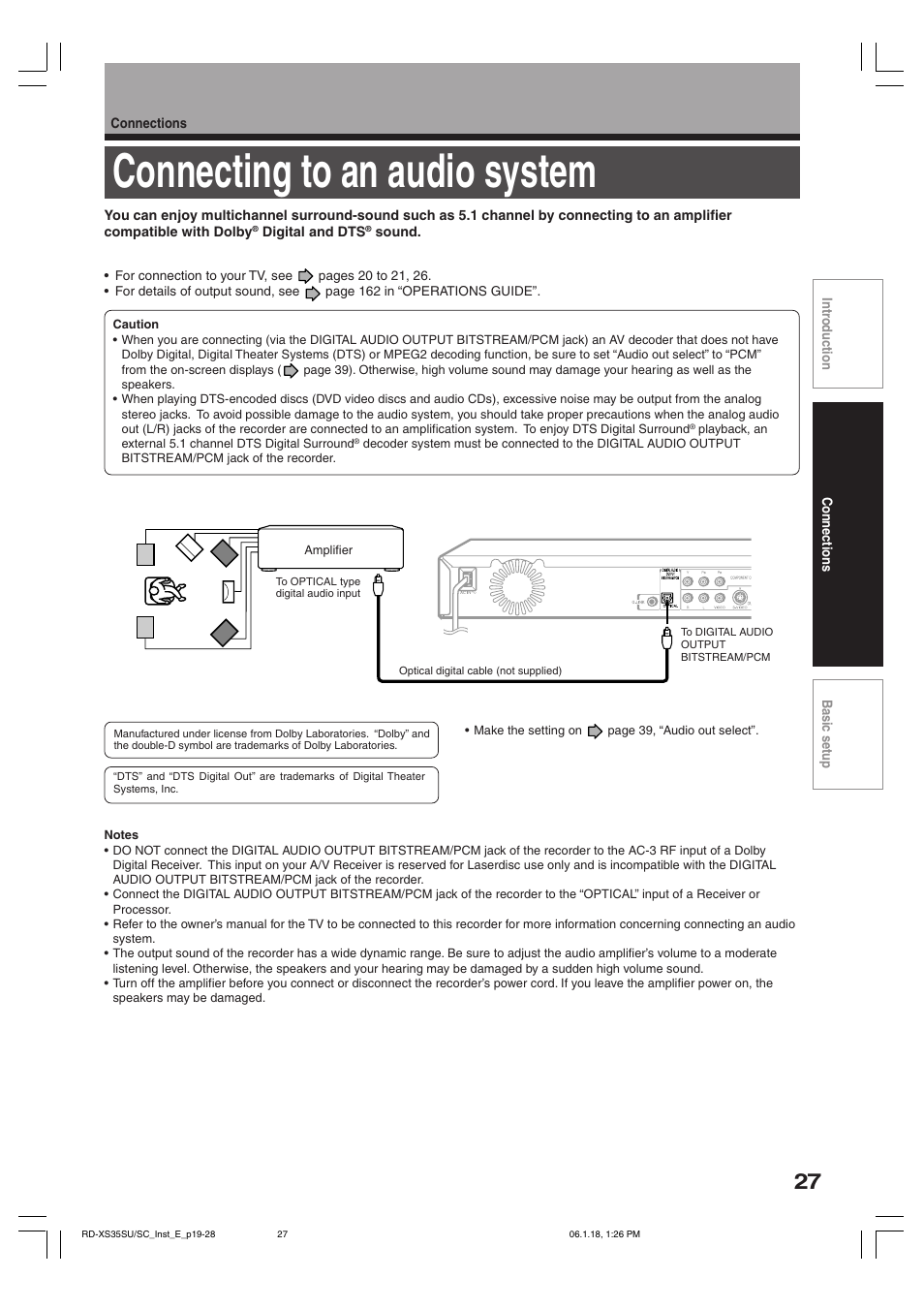 Connecting to an audio system | Toshiba RD-XS35SC User Manual | Page 27 / 56