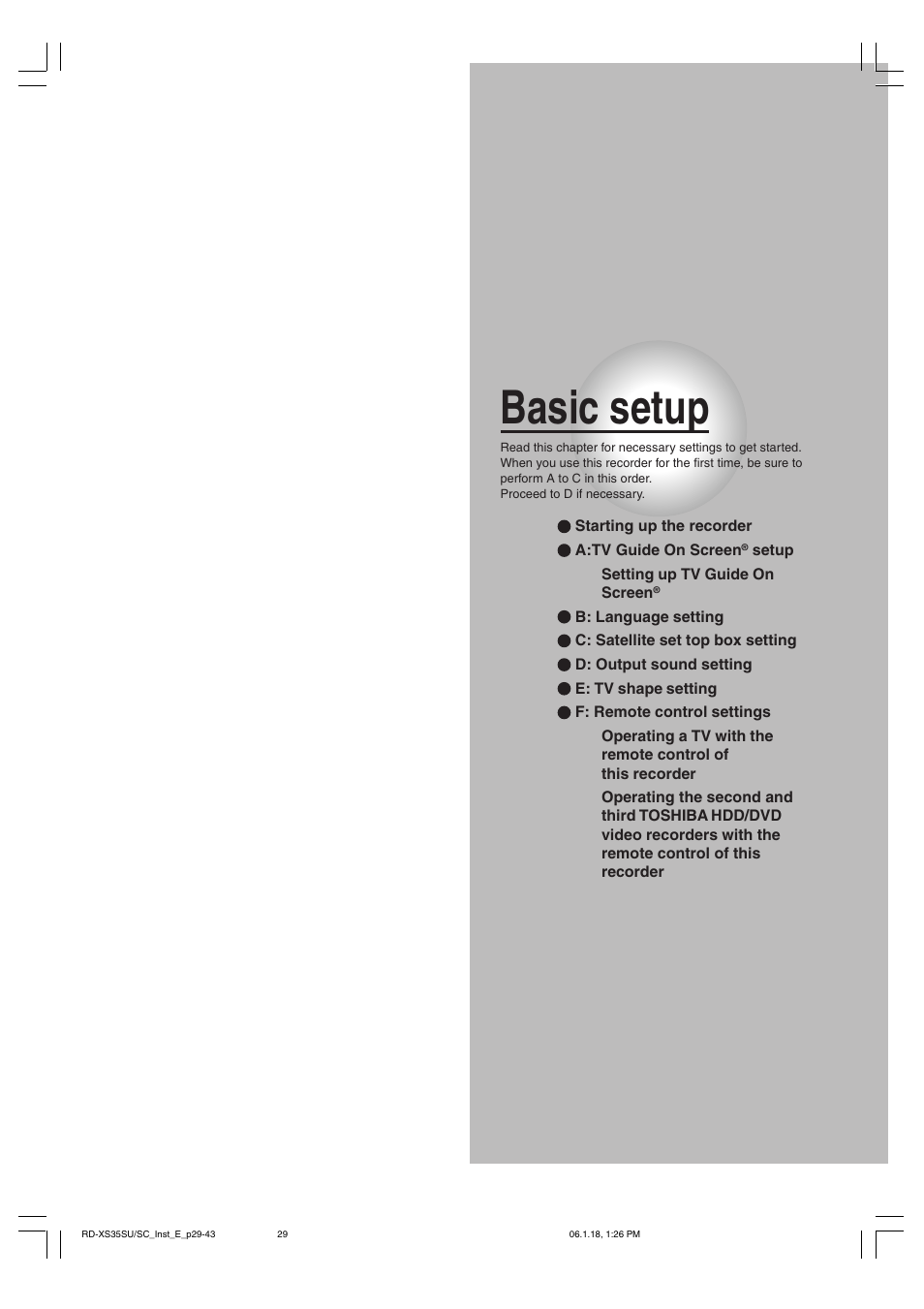Basic setup | Toshiba RD-XS35SC User Manual | Page 29 / 56