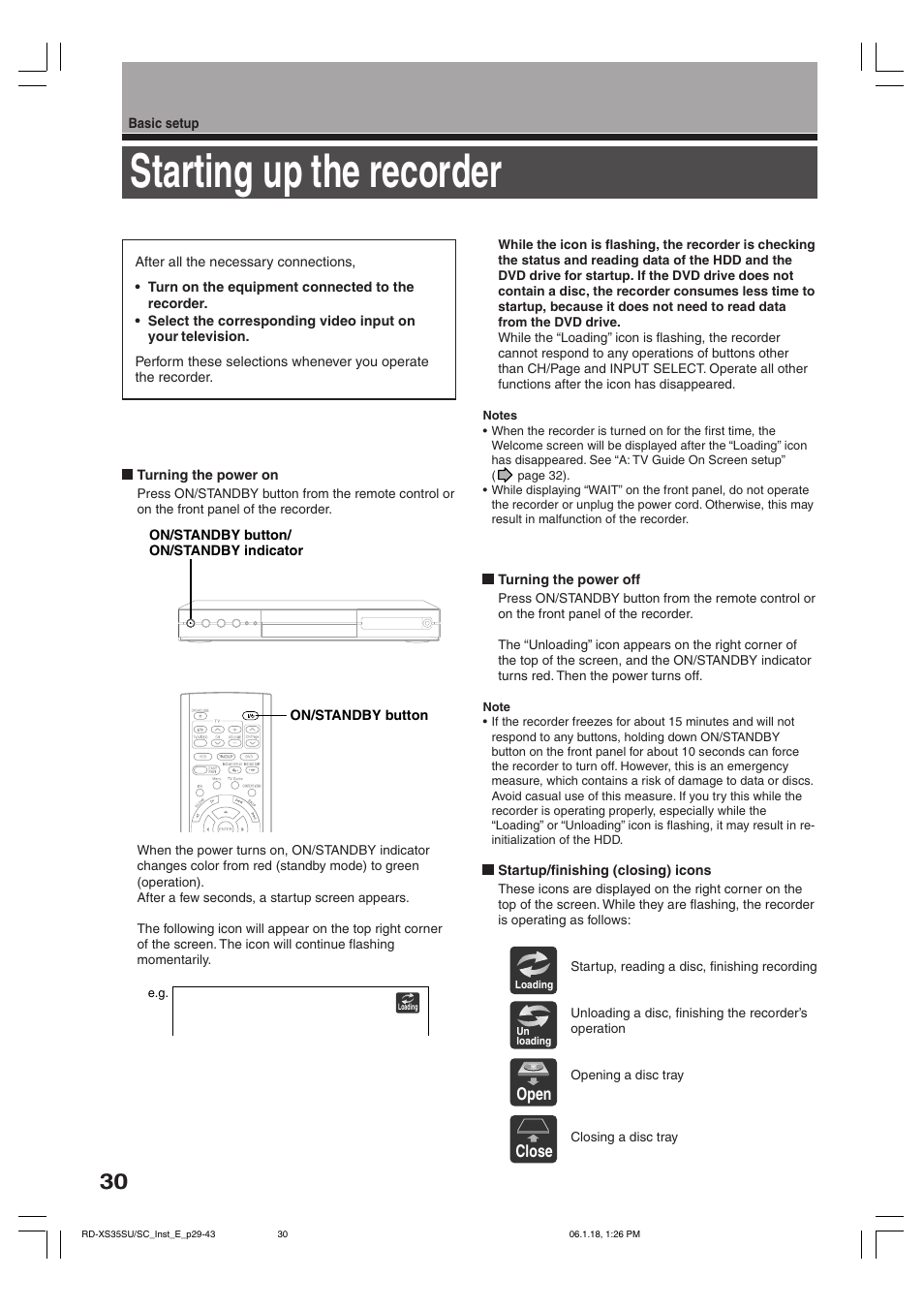 Starting up the recorder | Toshiba RD-XS35SC User Manual | Page 30 / 56