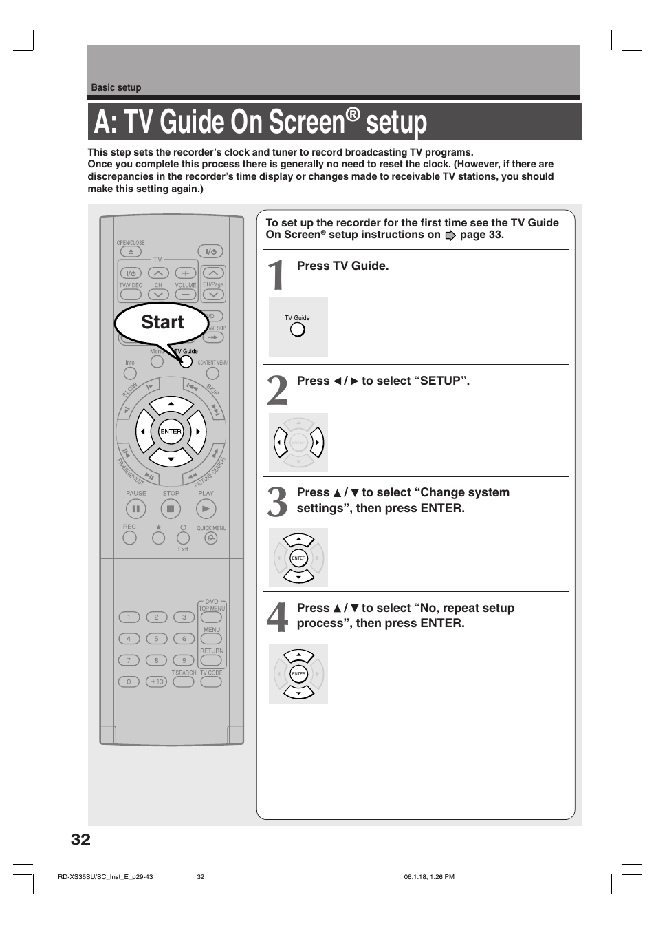 A: tv guide on screen, Setup | Toshiba RD-XS35SC User Manual | Page 32 / 56