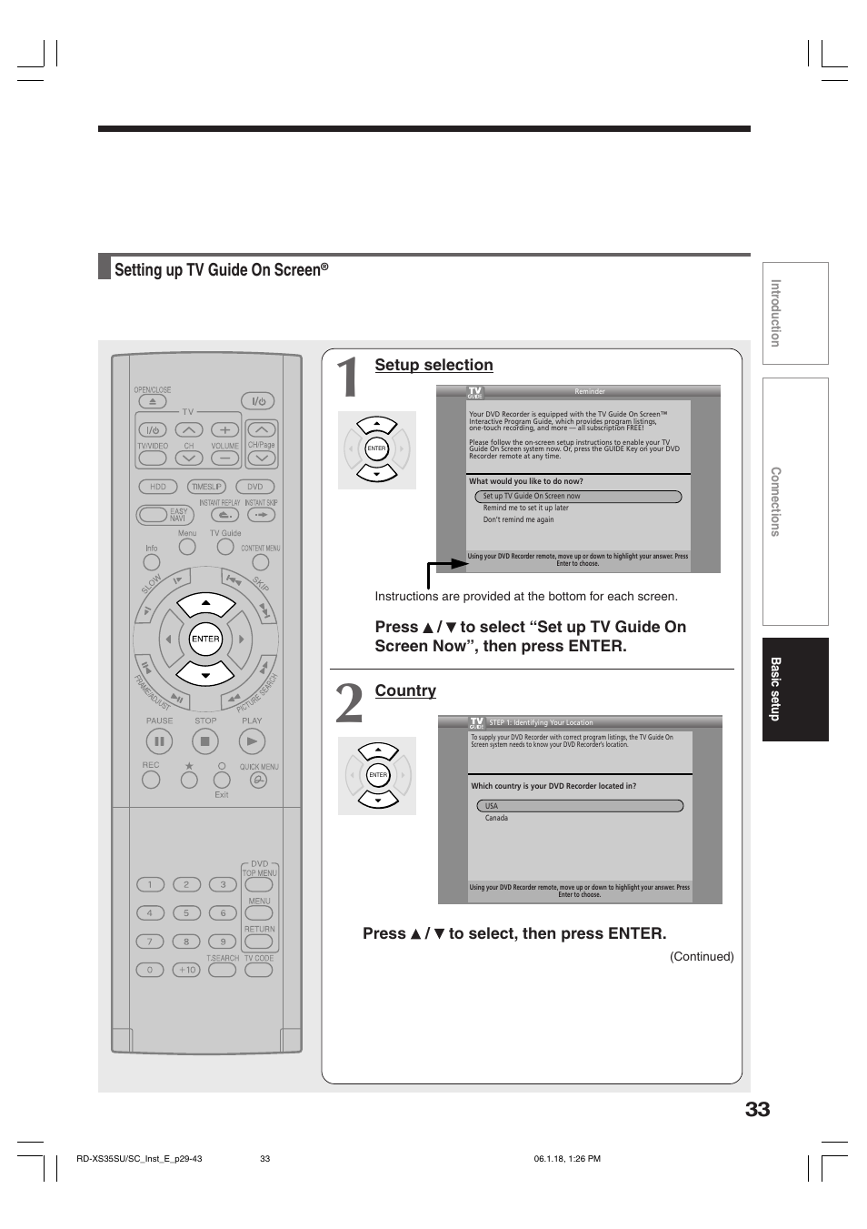 Setting up tv guide on screen, Setup selection, Country press / to select, then press enter | Toshiba RD-XS35SC User Manual | Page 33 / 56