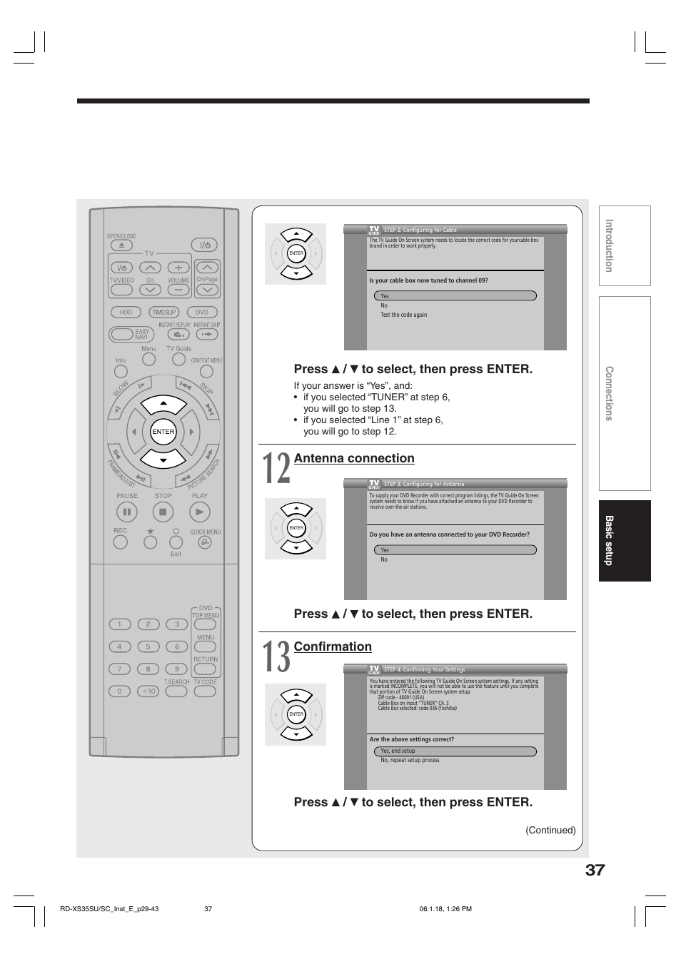 Press / to select, then press enter, Confirmation press / to select, then press enter | Toshiba RD-XS35SC User Manual | Page 37 / 56