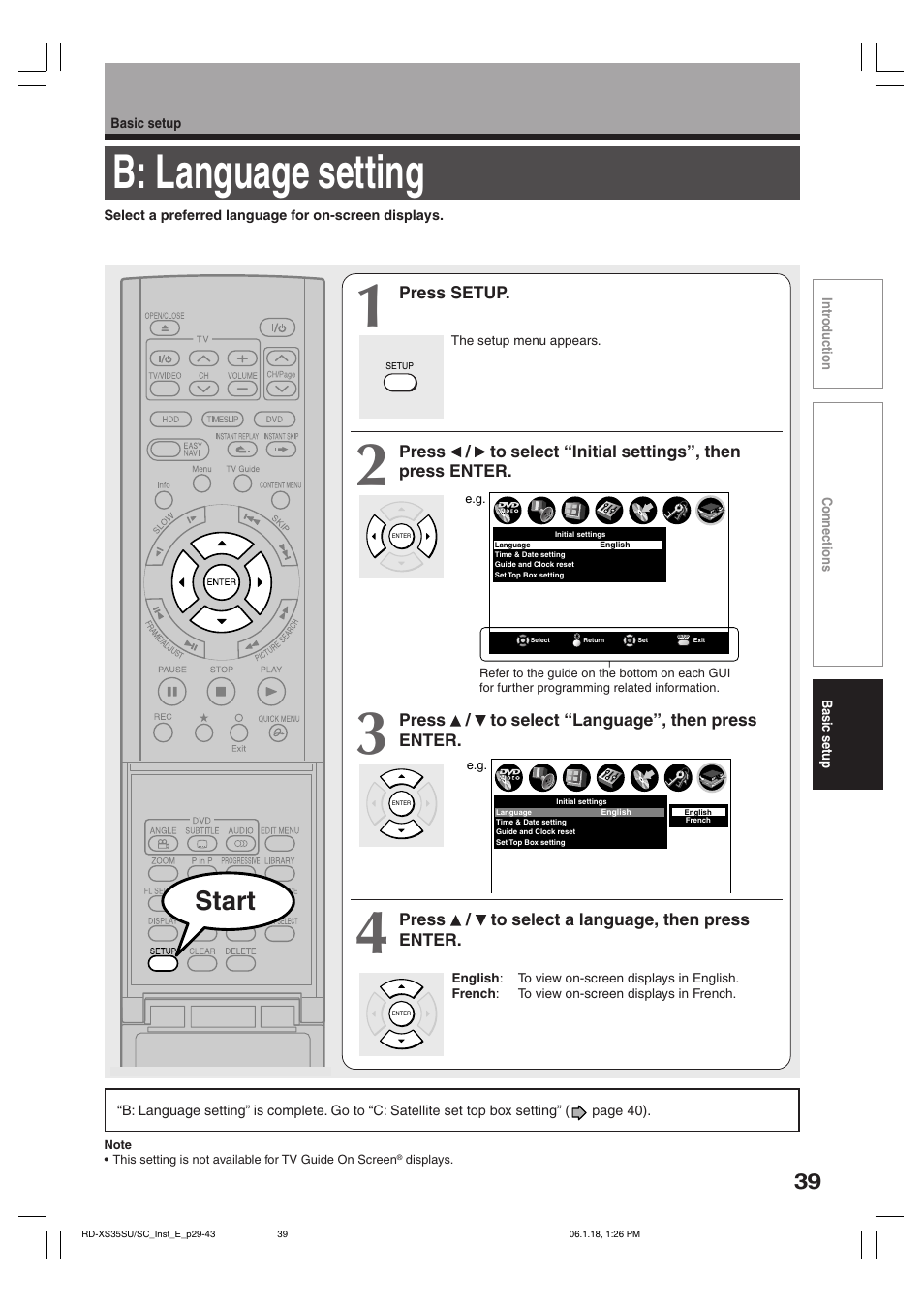 B: language setting, Start | Toshiba RD-XS35SC User Manual | Page 39 / 56