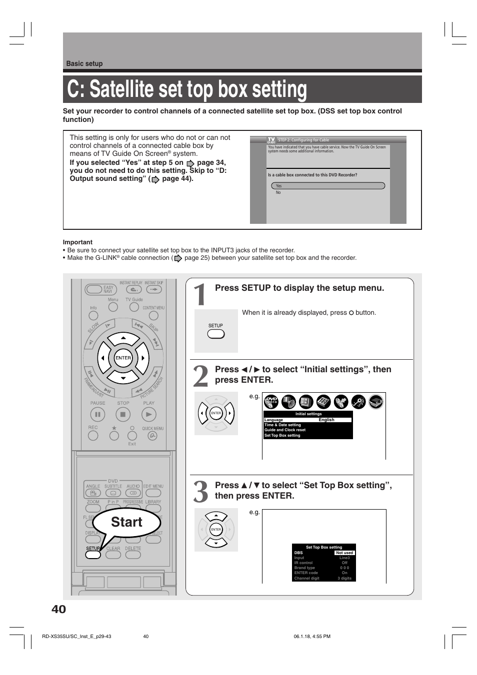 C: satellite set top box setting, Start | Toshiba RD-XS35SC User Manual | Page 40 / 56