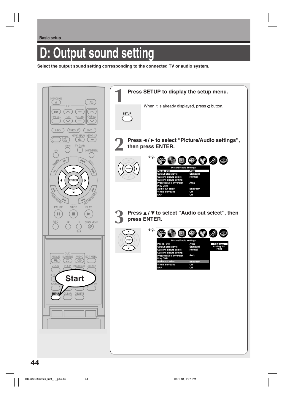 D: output sound setting, Start, Press setup to display the setup menu | Toshiba RD-XS35SC User Manual | Page 44 / 56