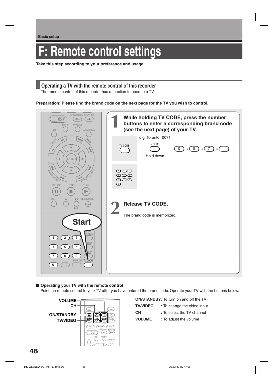 F: remote control settings, Start, Release tv code | Toshiba RD-XS35SC User Manual | Page 48 / 56