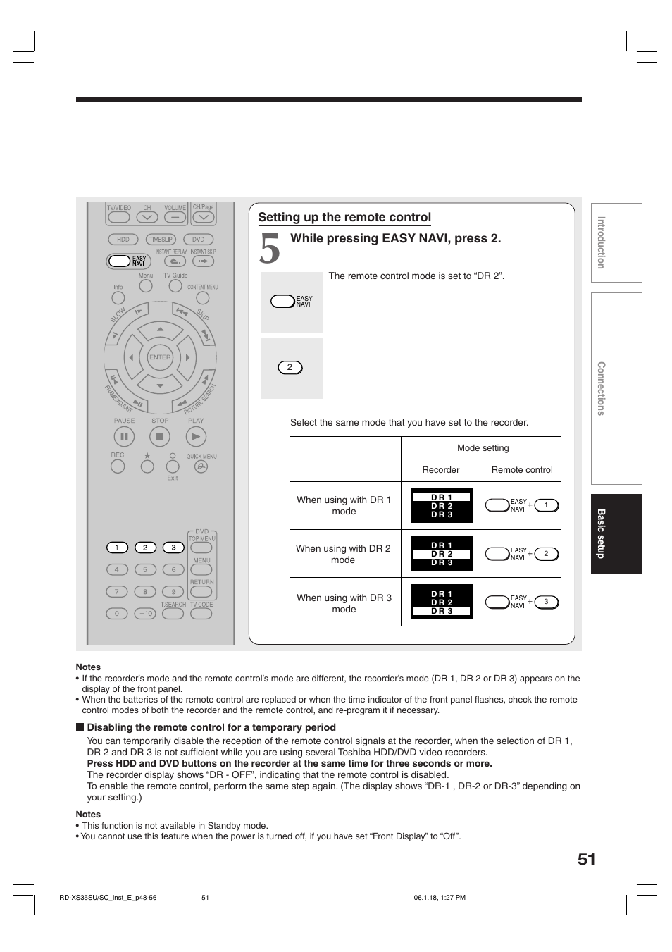 Setting up the remote control, While pressing easy navi, press 2 | Toshiba RD-XS35SC User Manual | Page 51 / 56