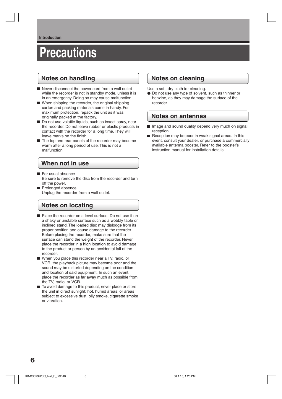 Precautions | Toshiba RD-XS35SC User Manual | Page 6 / 56