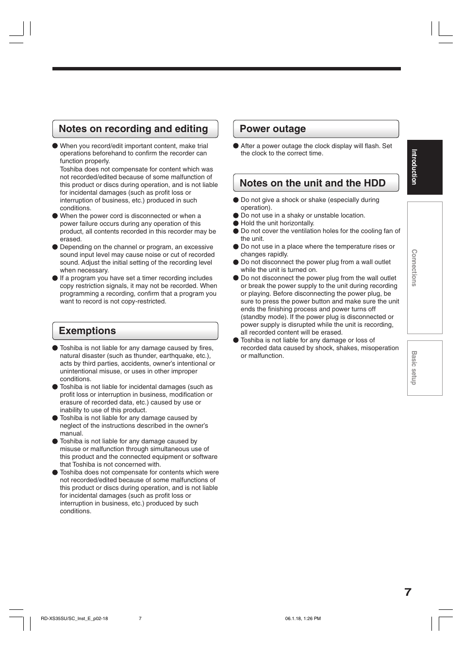 Exemptions, Power outage | Toshiba RD-XS35SC User Manual | Page 7 / 56