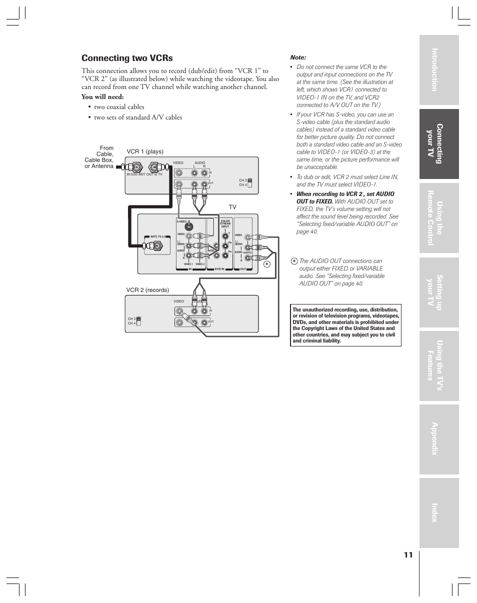 Two vcrs, Connecting two vcrs | Toshiba 36AF53 User Manual | Page 11 / 48