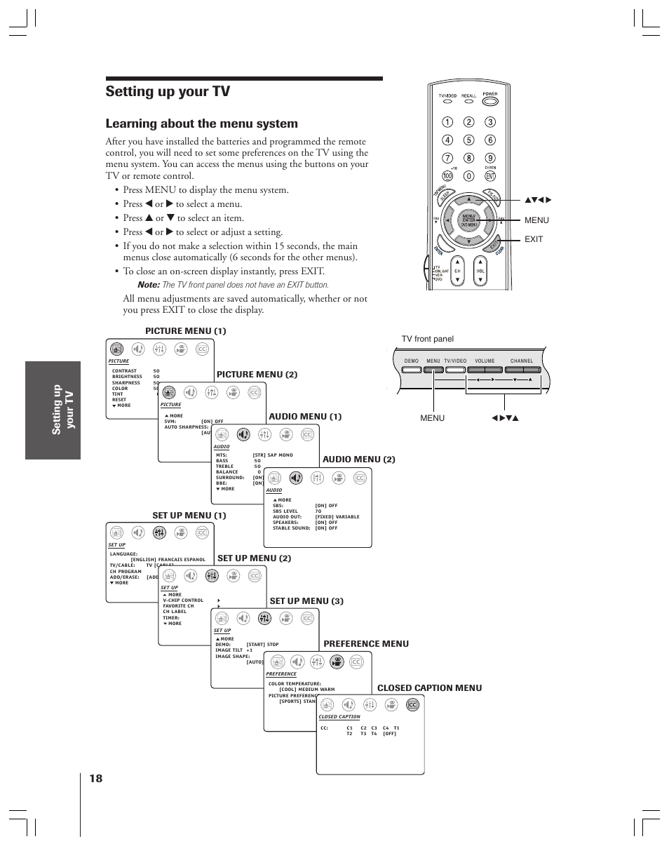 Setting up your tv, Learning about the menu system | Toshiba 36AF53 User Manual | Page 18 / 48