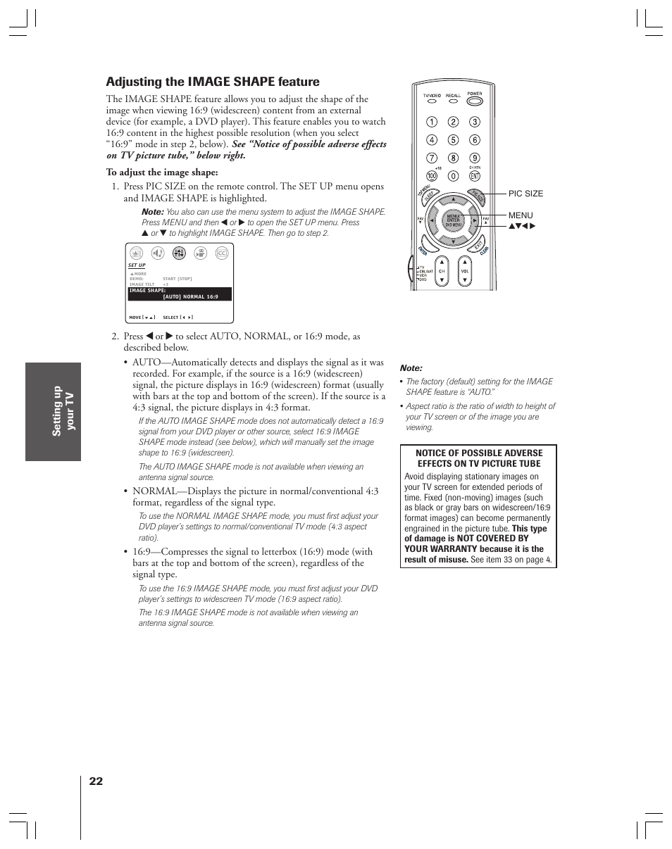 Adjusting the image shape, Adjusting the image shape feature | Toshiba 36AF53 User Manual | Page 22 / 48