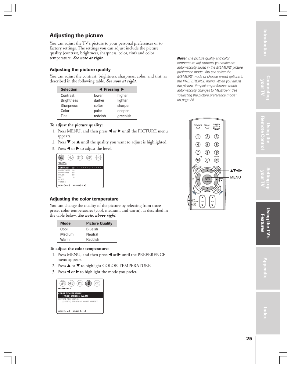 Adjusting the picture | Toshiba 36AF53 User Manual | Page 25 / 48