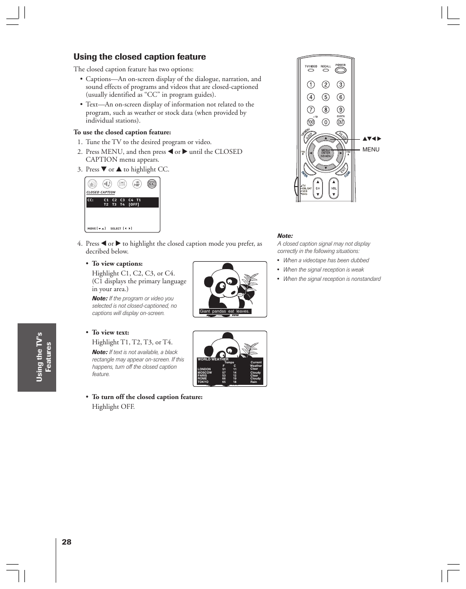 Closed caption, Using the closed caption feature | Toshiba 36AF53 User Manual | Page 28 / 48