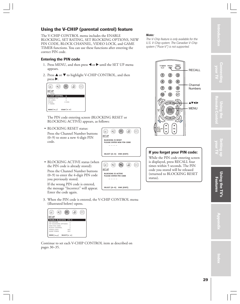 V-chip, Using the v-chip (parental control) feature, Entering the pin code | Toshiba 36AF53 User Manual | Page 29 / 48