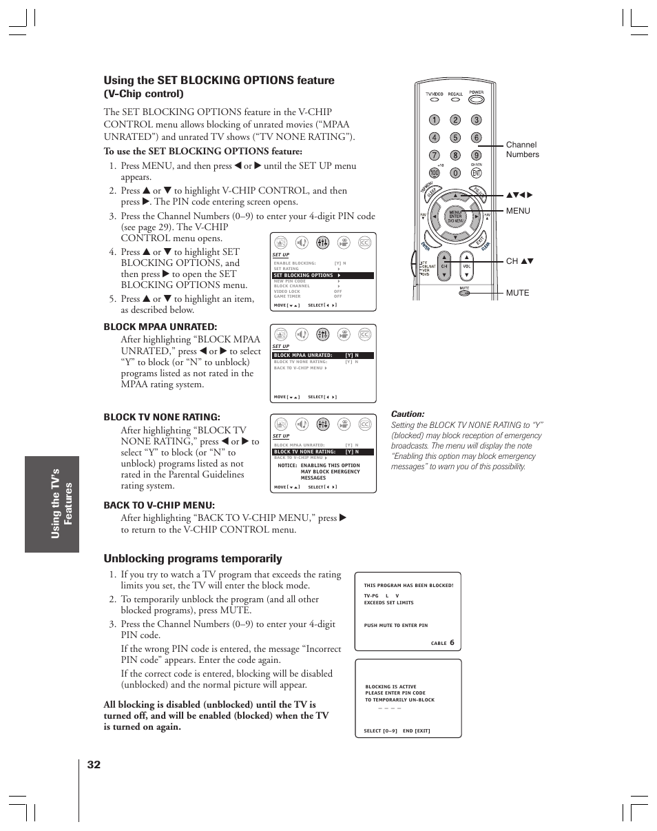 Set blocking options, 32 using the set blocking options feature, Unblocking programs temporarily | V-chip control) | Toshiba 36AF53 User Manual | Page 32 / 48