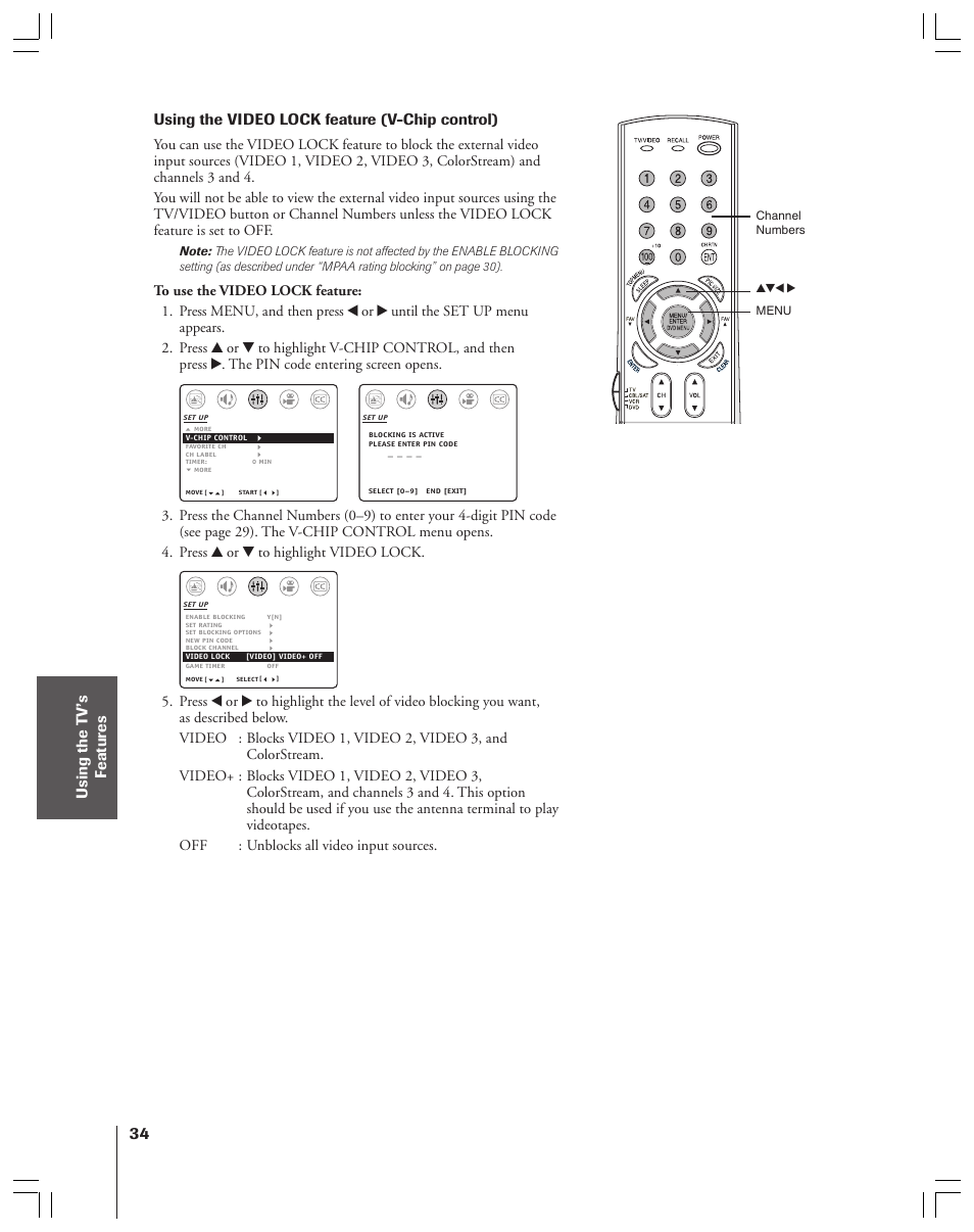 Video lock, Using the video lock feature (v-chip control) | Toshiba 36AF53 User Manual | Page 34 / 48