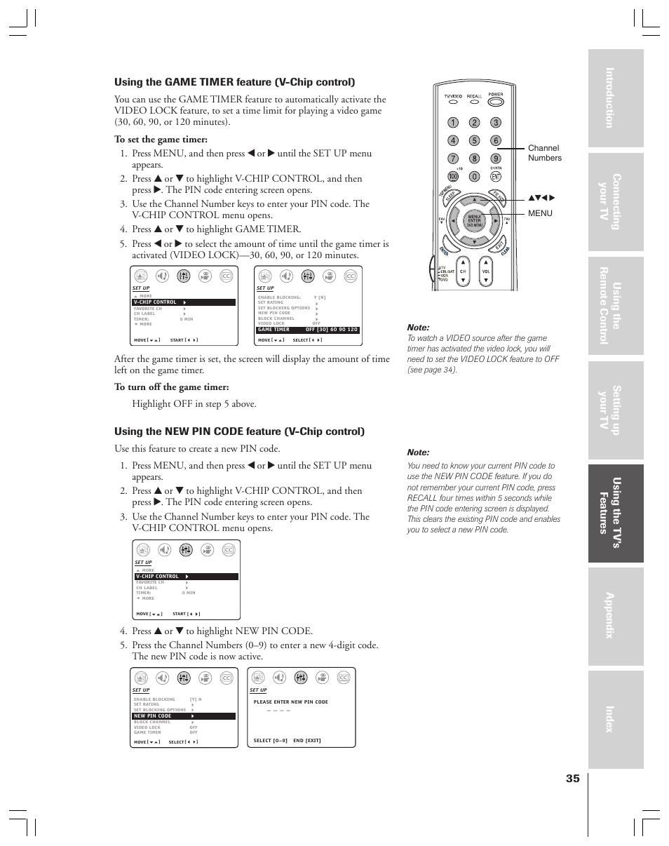 Game timer / new pin code, Using the new pin code feature (v-chip control) | Toshiba 36AF53 User Manual | Page 35 / 48