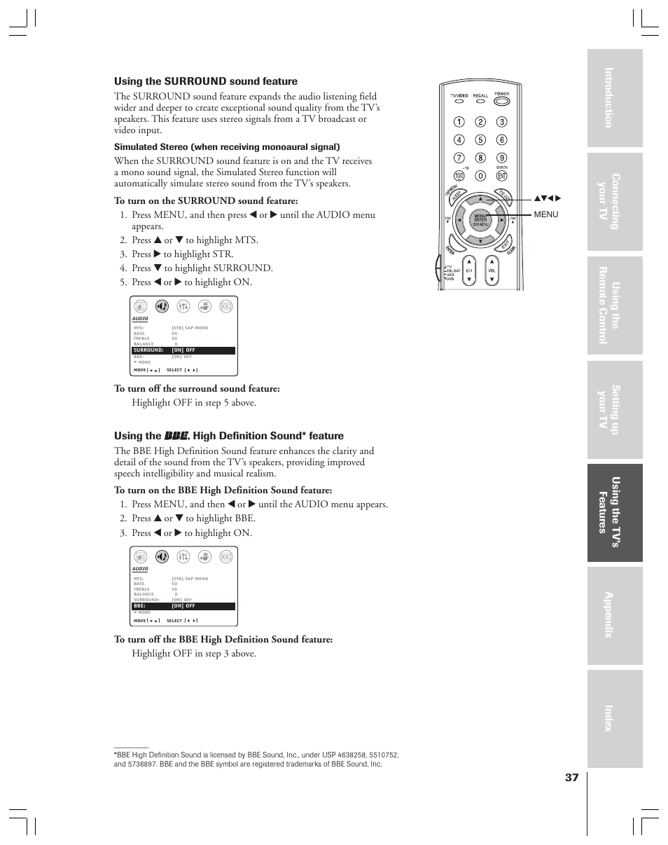 Using the high definition sound* feature | Toshiba 36AF53 User Manual | Page 37 / 48