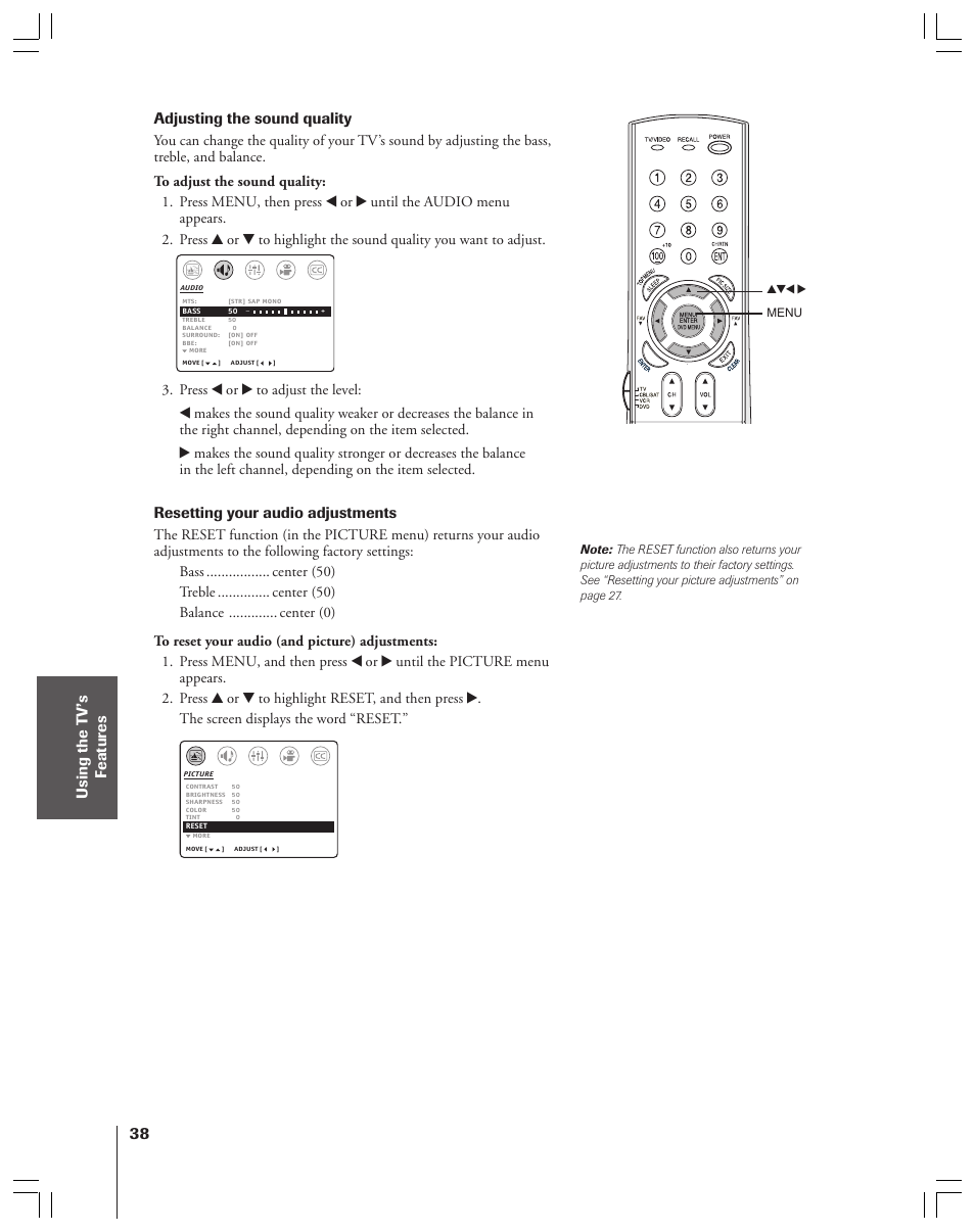 Adjusting the sound quality, Resetting your audio adjustments | Toshiba 36AF53 User Manual | Page 38 / 48