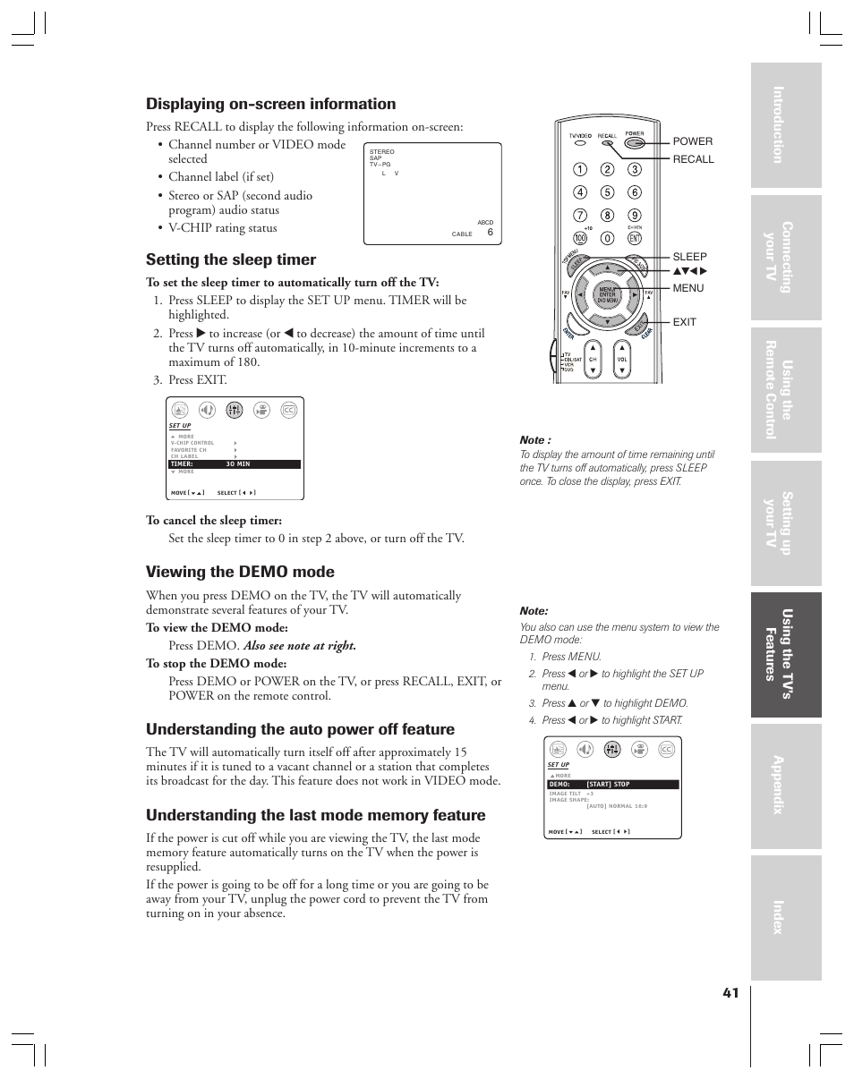 Displaying on-screen information / sleep timer, Demo mode, Displaying on-screen information | Setting the sleep timer, Viewing the demo mode, Understanding the auto power off feature | Toshiba 36AF53 User Manual | Page 41 / 48