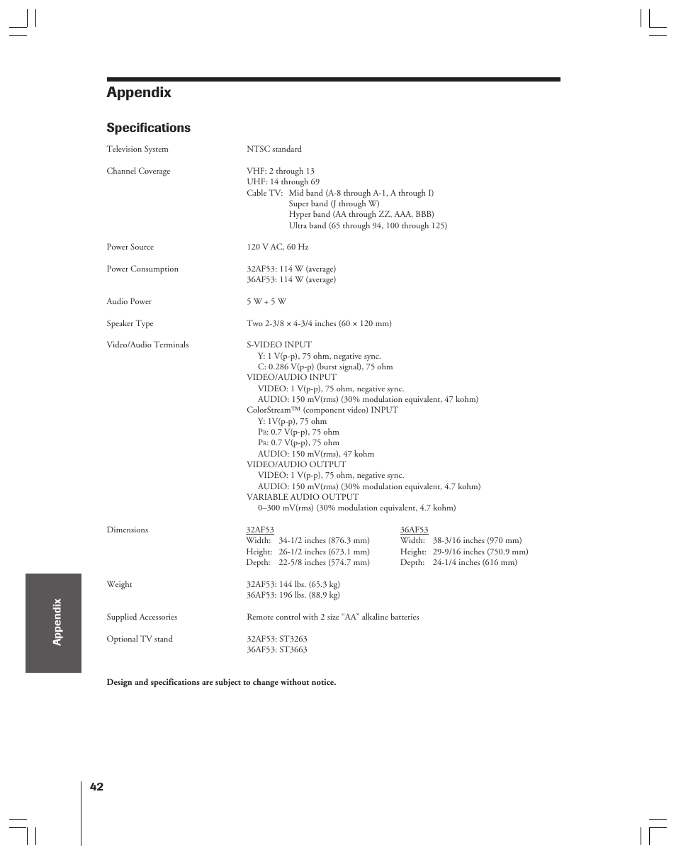 Appendix, Specifications | Toshiba 36AF53 User Manual | Page 42 / 48