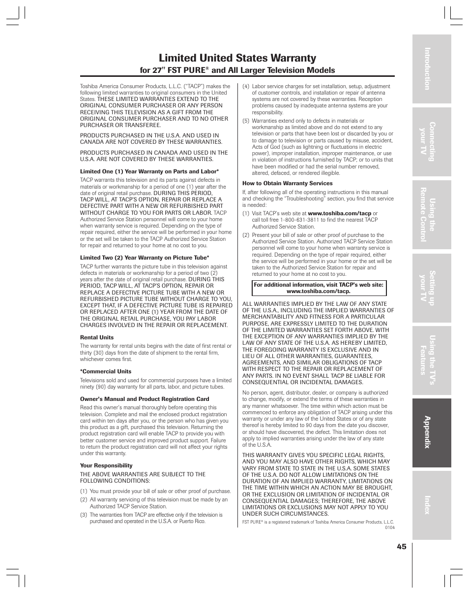 Limited united states warranty, For 27'' fst pure, And all larger television models | Toshiba 36AF53 User Manual | Page 45 / 48