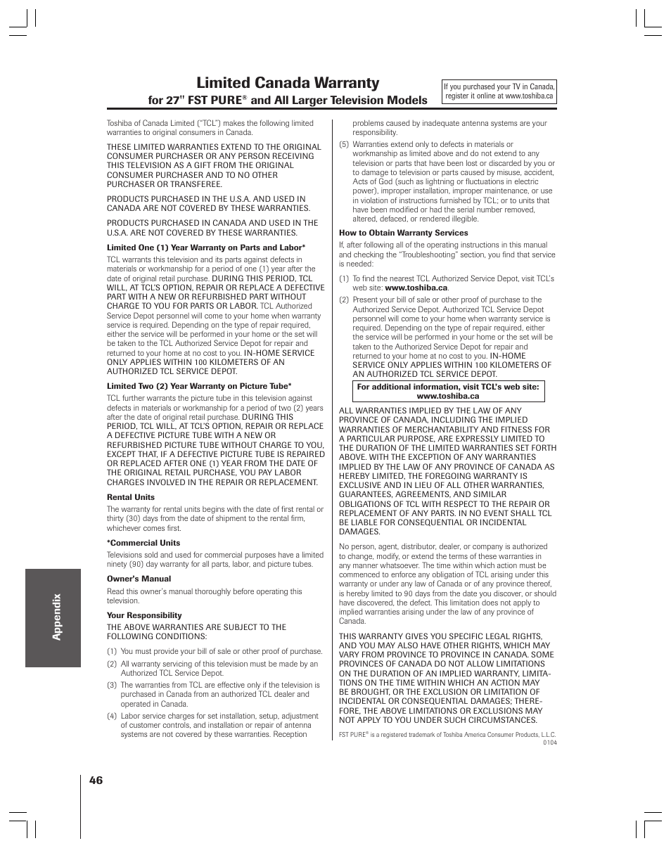 Limited canada warranty, For 27'' fst pure, And all larger television models | Toshiba 36AF53 User Manual | Page 46 / 48