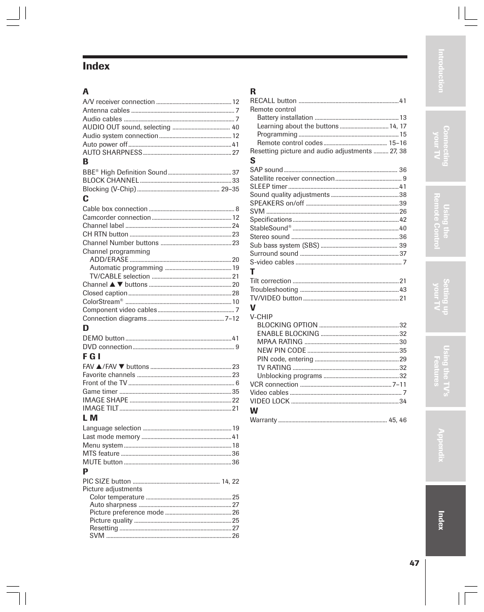 Index | Toshiba 36AF53 User Manual | Page 47 / 48