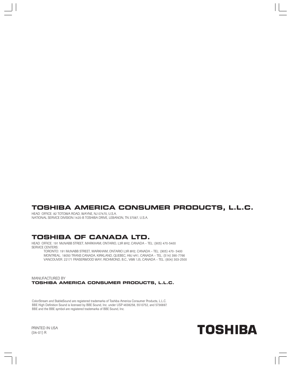 Back cover, Toshiba america consumer products, l.l.c, Toshiba of canada ltd | Toshiba 36AF53 User Manual | Page 48 / 48