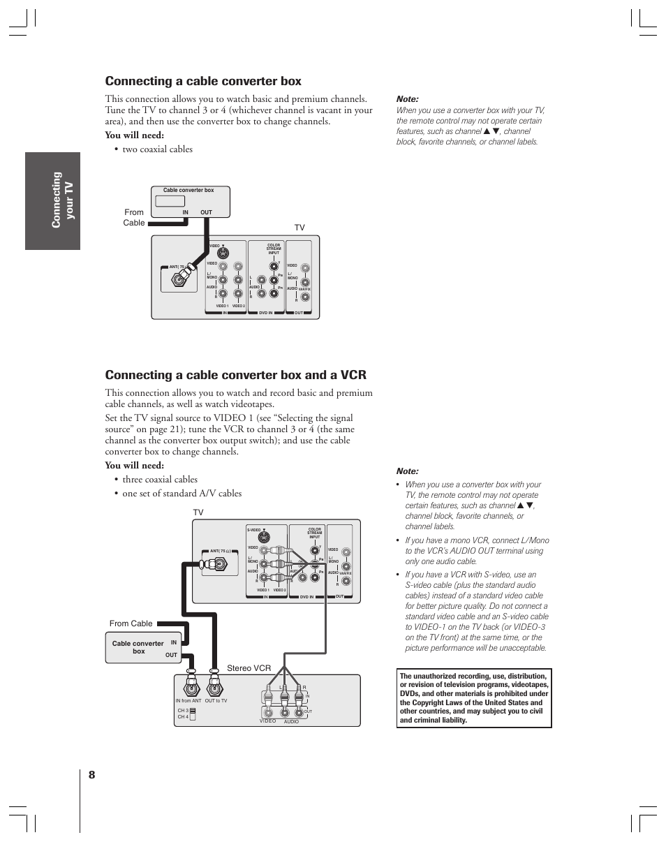 Cable converter box / and a vcr, Connecting a cable converter box and a vcr, Connecting a cable converter box | Toshiba 36AF53 User Manual | Page 8 / 48