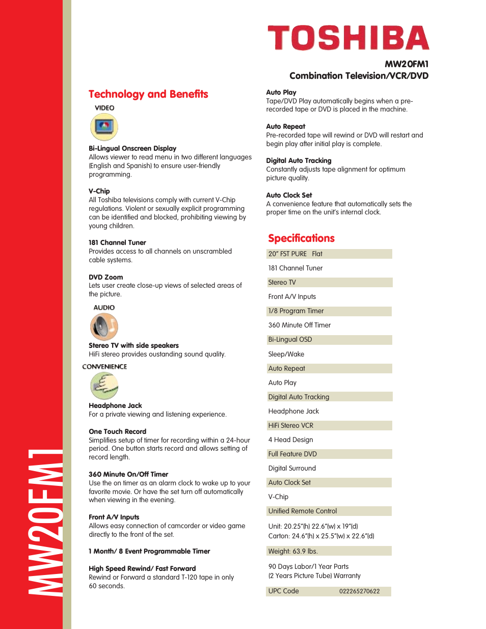 Mw20fm1, Technology and benefits, Specifications | Toshiba MW 20FM1 User Manual | Page 2 / 2