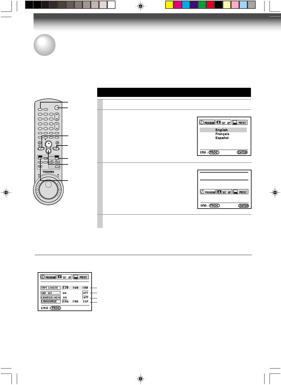 Initial settings using on-screen display, Setting the language, 14 optional settings on the set up screen | Press power to turn on the vcr, Press prog, Press prog. to return to the normal tv screen, The following screen appears on the tv, The screen turns to the menu screen | Toshiba W-717 User Manual | Page 14 / 47
