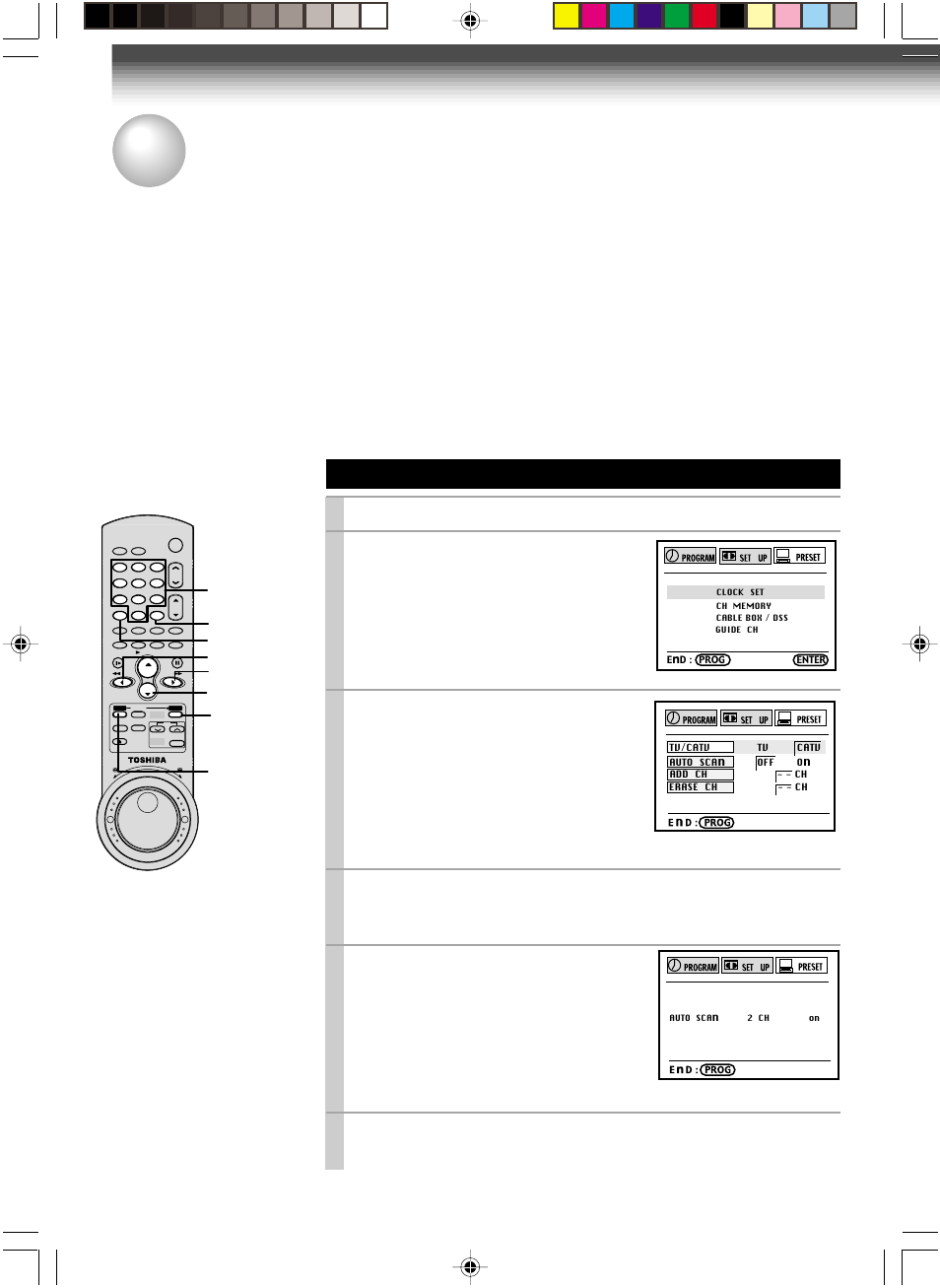 Storing channels on the vcr, Incoming antenna/cable(catv) signals, Press prog . to display the menu screen | Select “preset” using ff or rew , and press enter, Set “tv/catv“ to “tv” or “catv” using ff or rew, Press prog . twice to exit | Toshiba W-717 User Manual | Page 16 / 47