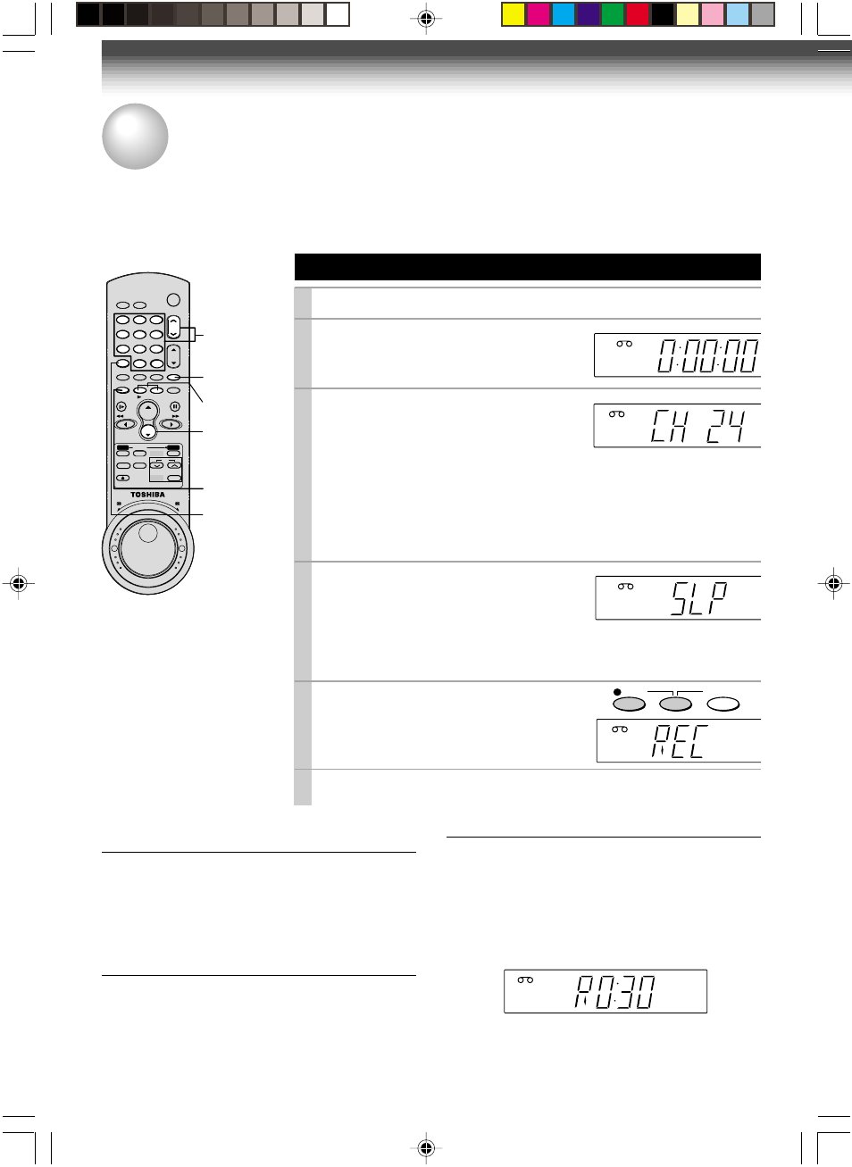 Recording, A tv program, Recording a tv program | Basic recording, 24 watching a tv program while recording another, Skipping unnecessary scenes while recording, Load a cassette with the safety tab attached, Press sp/slp to select the recording tape speed, Recording starts | Toshiba W-717 User Manual | Page 24 / 47