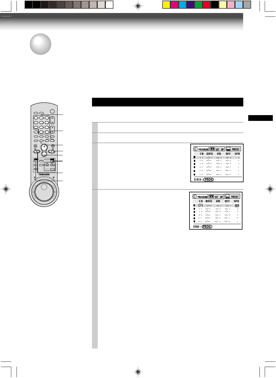 Timer program, Timer program recording, Timer programming procedure | Load a cassette with the safety tab attached, Press prog . to display the menu screen, Select “program” using ff or rew , and press enter | Toshiba W-717 User Manual | Page 25 / 47