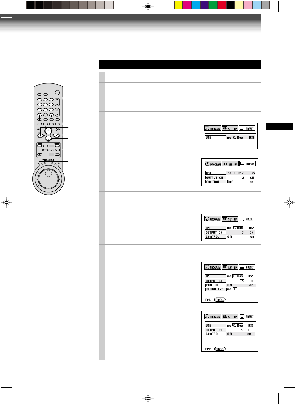 Cable box set-up, Press prog. to display the menu screen, Select “preset” using ff or rew , and press enter | Toshiba W-717 User Manual | Page 33 / 47