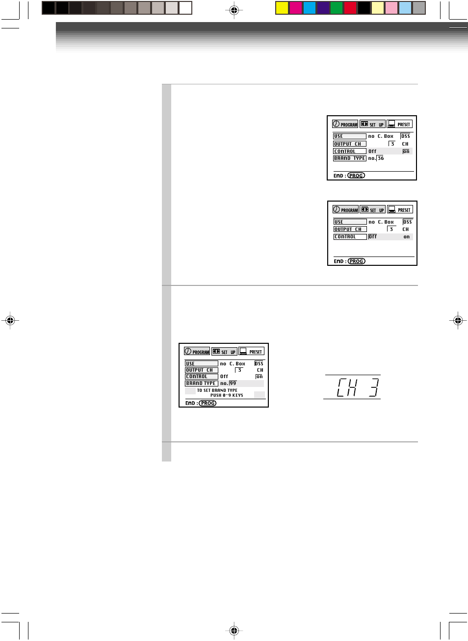 Satellite receiver set-up (continued), Or “off” using ff or rew, Press prog . twice to exit | Toshiba W-717 User Manual | Page 38 / 47